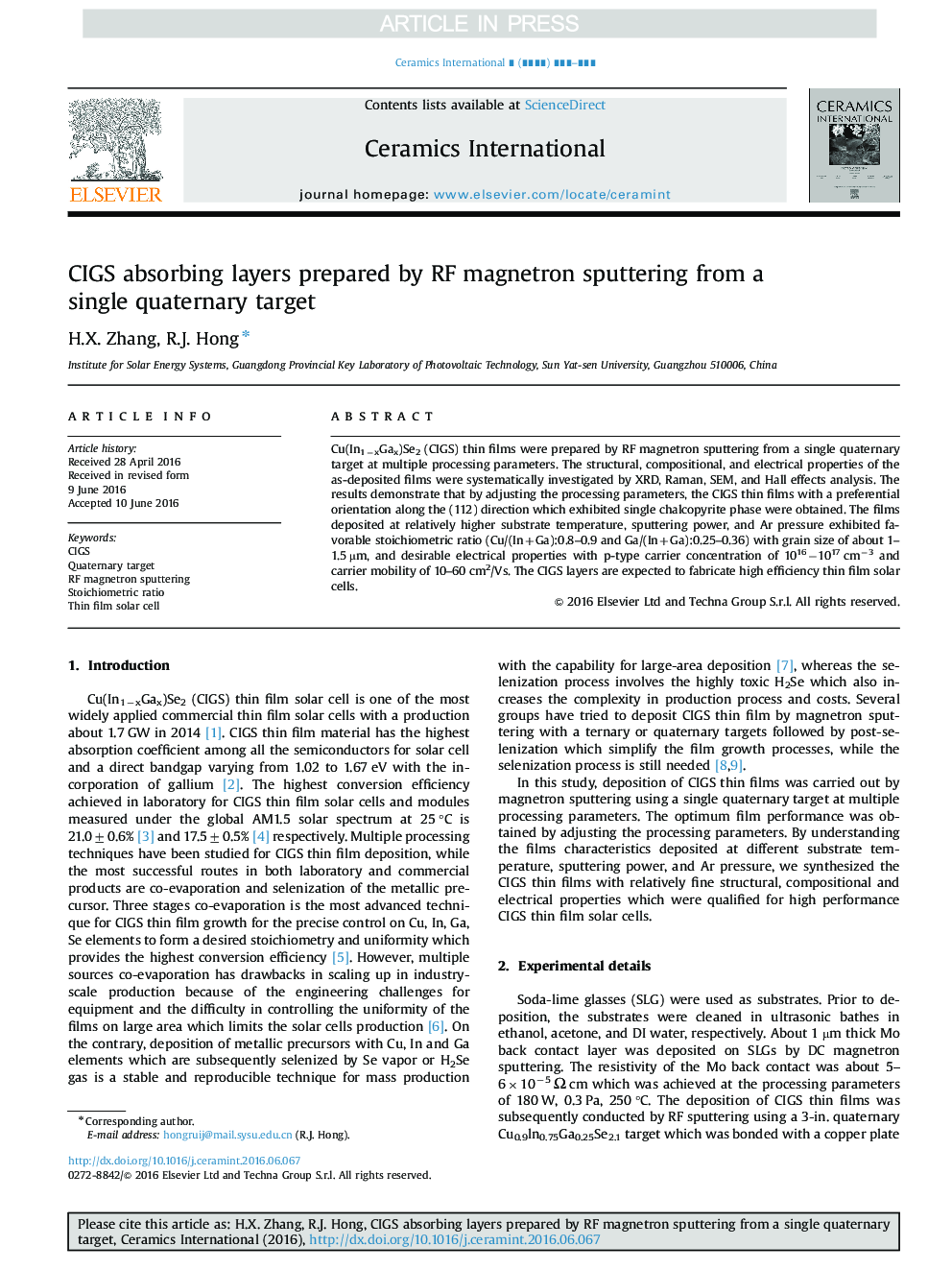 CIGS absorbing layers prepared by RF magnetron sputtering from a single quaternary target