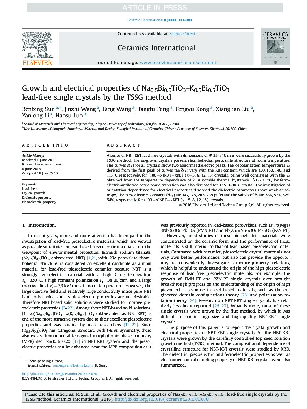 Growth and electrical properties of Na0.5Bi0.5TiO3-K0.5Bi0.5TiO3 lead-free single crystals by the TSSG method