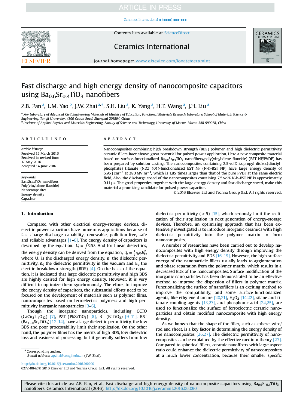 Fast discharge and high energy density of nanocomposite capacitors using Ba0.6Sr0.4TiO3 nanofibers
