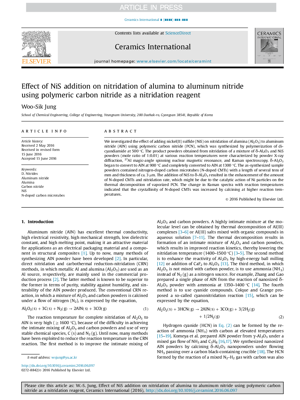 Effect of NiS addition on nitridation of alumina to aluminum nitride using polymeric carbon nitride as a nitridation reagent