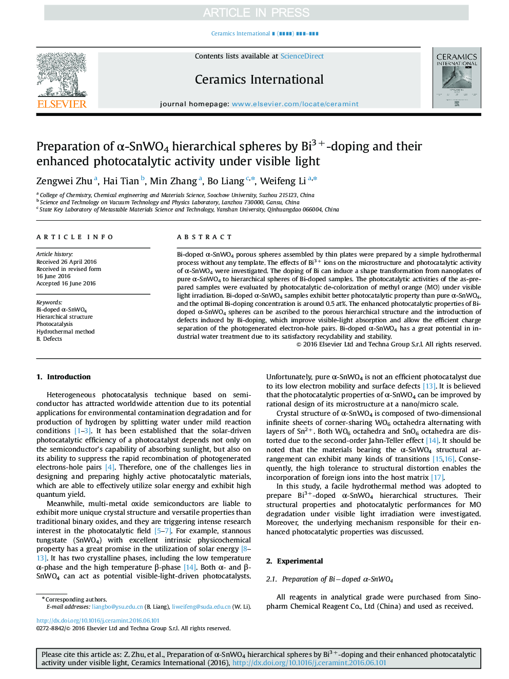 عکس صفحه اول مقاله: Preparation of α-SnWO4 hierarchical spheres by Bi3+-doping and their enhanced photocatalytic activity under visible light Preparation of α-SnWO4 hierarchical spheres by Bi3+-doping and their enhanced photocatalytic activity under visible light