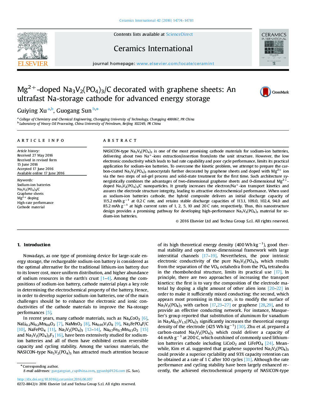 Mg2+-doped Na3V2(PO4)3/C decorated with graphene sheets: An ultrafast Na-storage cathode for advanced energy storage