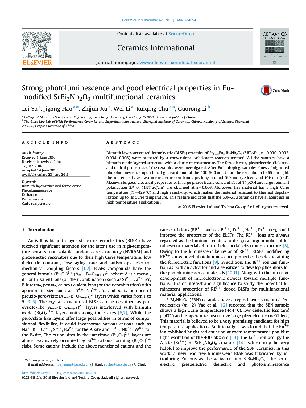 Strong photoluminescence and good electrical properties in Eu-modified SrBi2Nb2O9 multifunctional ceramics