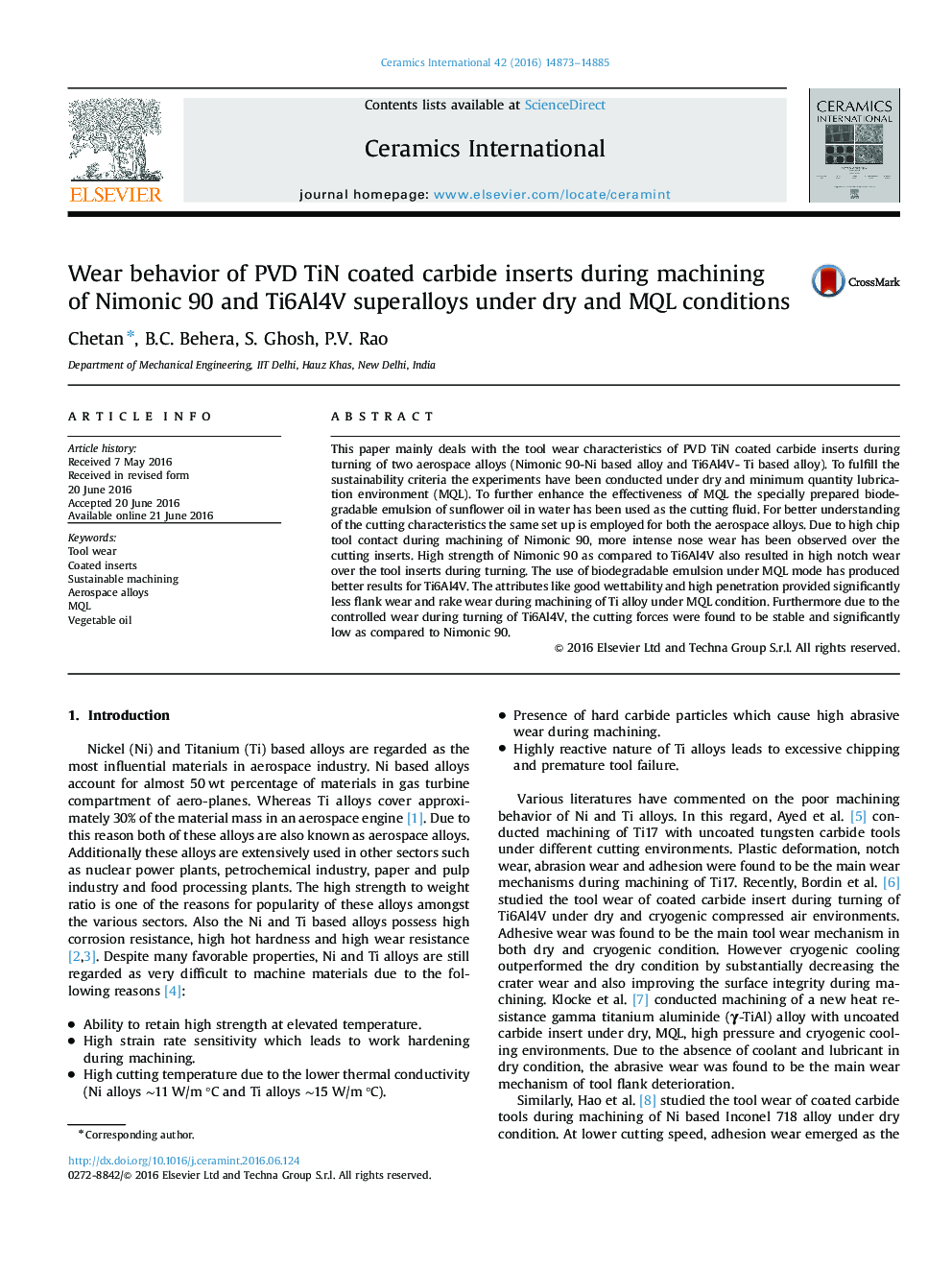 Wear behavior of PVD TiN coated carbide inserts during machining of Nimonic 90 and Ti6Al4V superalloys under dry and MQL conditions