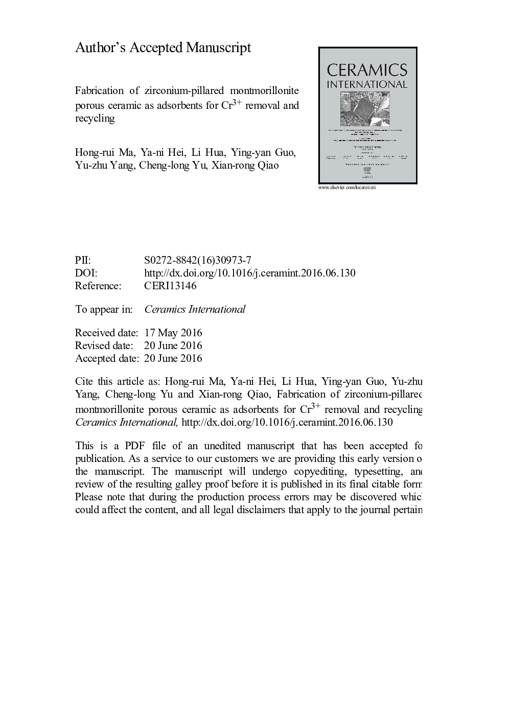 Fabrication of zirconium-pillared montmorillonite porous ceramic as adsorbents for Cr3+ removal and recycling