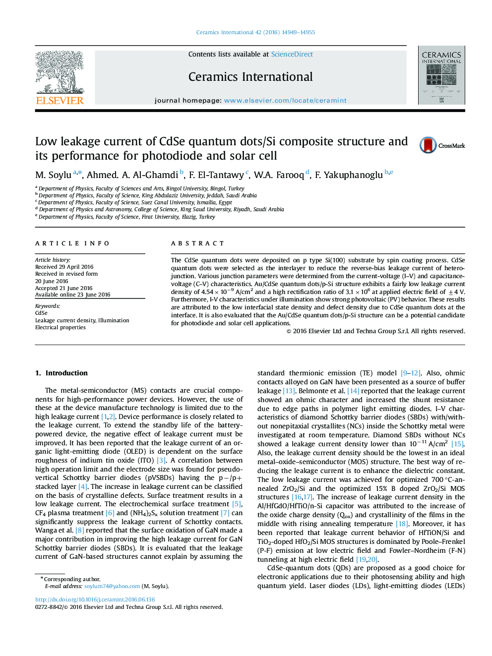 Low leakage current of CdSe quantum dots/Si composite structure and its performance for photodiode and solar cell