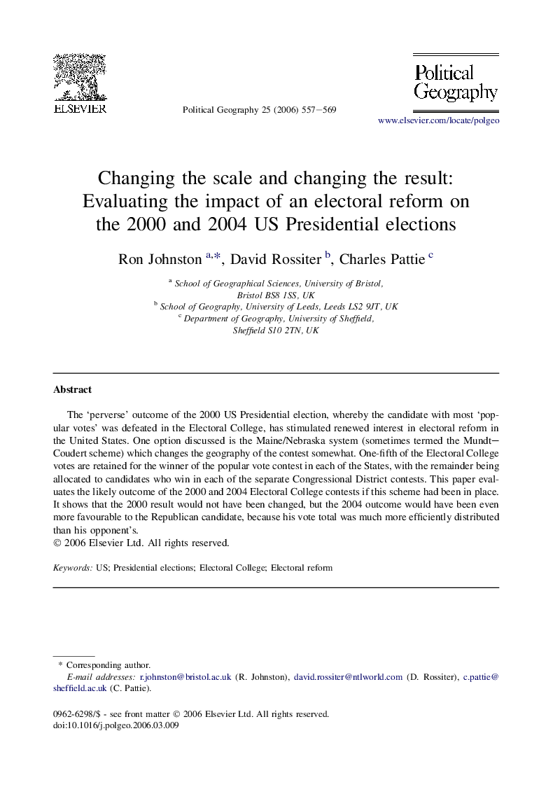 Changing the scale and changing the result: Evaluating the impact of an electoral reform on the 2000 and 2004 US Presidential elections