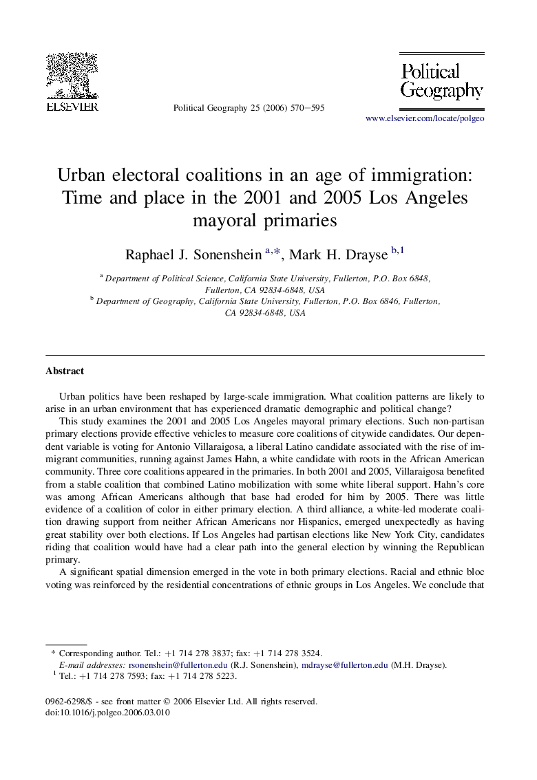 Urban electoral coalitions in an age of immigration: Time and place in the 2001 and 2005 Los Angeles mayoral primaries