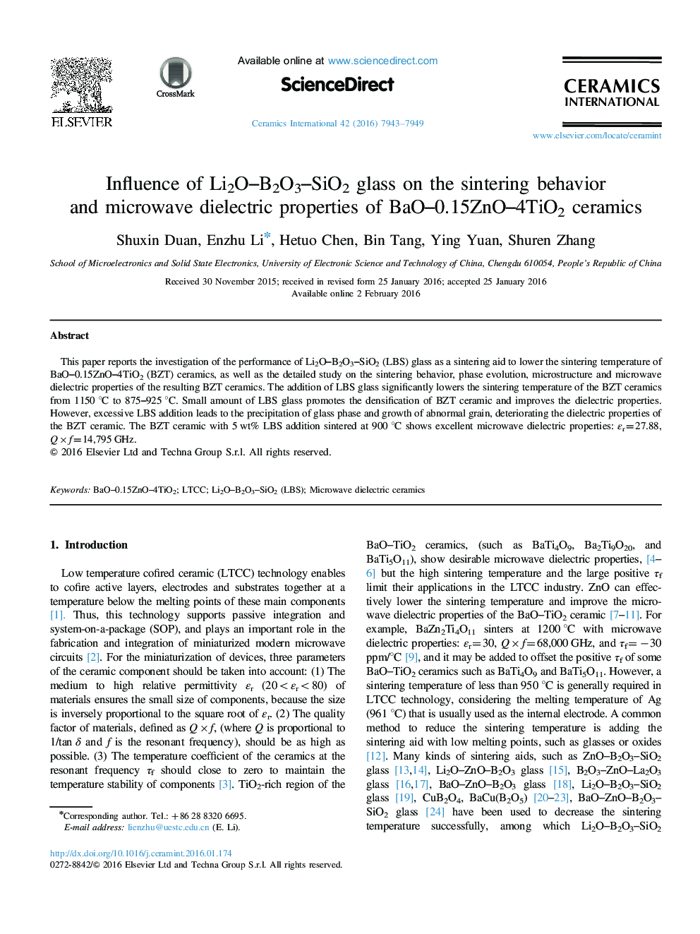 Influence of Li2O-B2O3-SiO2 glass on the sintering behavior and microwave dielectric properties of BaO-0.15ZnO-4TiO2 ceramics