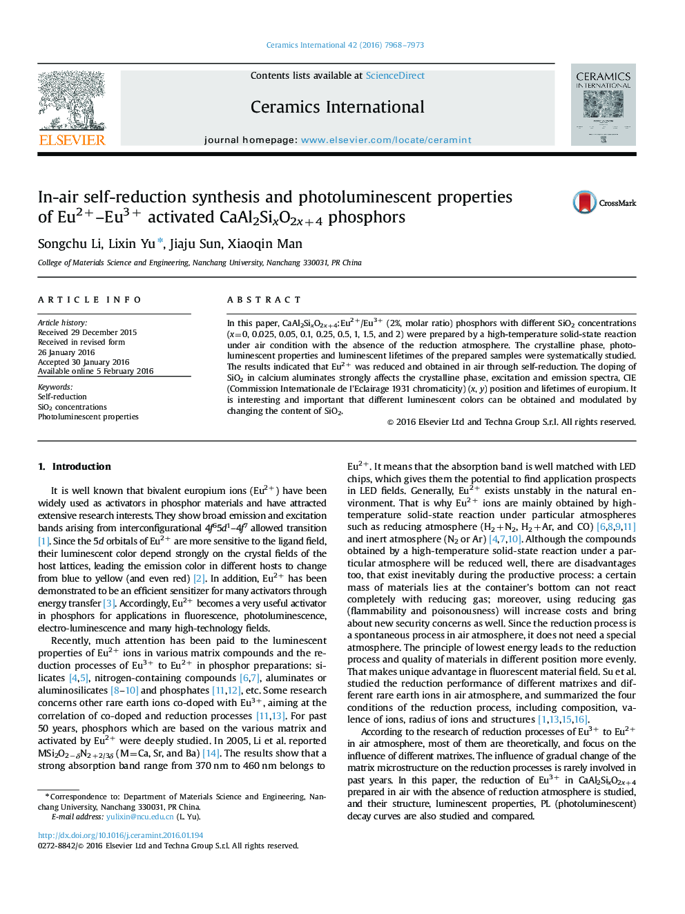 عکس صفحه اول مقاله: In-air self-reduction synthesis and photoluminescent properties of Eu2+-Eu3+ activated CaAl2SixO2x+4 phosphors In-air self-reduction synthesis and photoluminescent properties of Eu2+-Eu3+ activated CaAl2SixO2x+4 phosphors