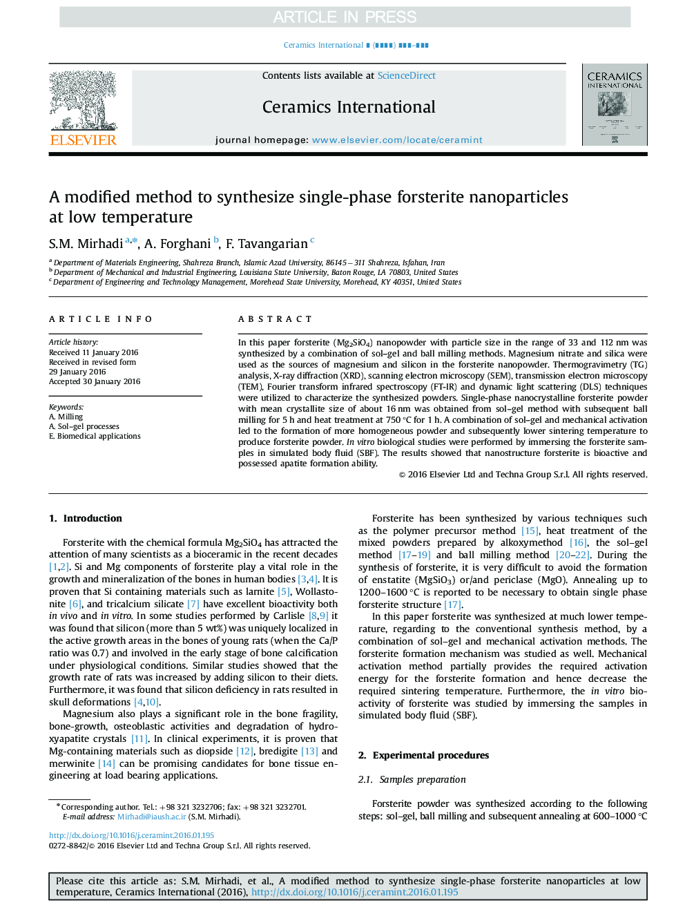 A modified method to synthesize single-phase forsterite nanoparticles at low temperature