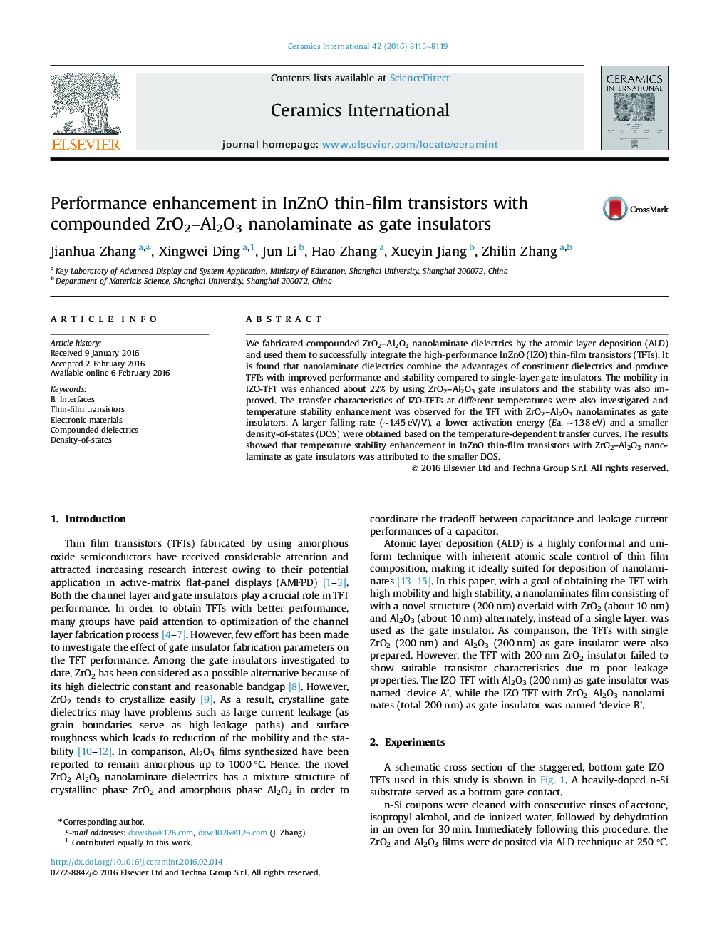 Performance enhancement in InZnO thin-film transistors with compounded ZrO2-Al2O3 nanolaminate as gate insulators