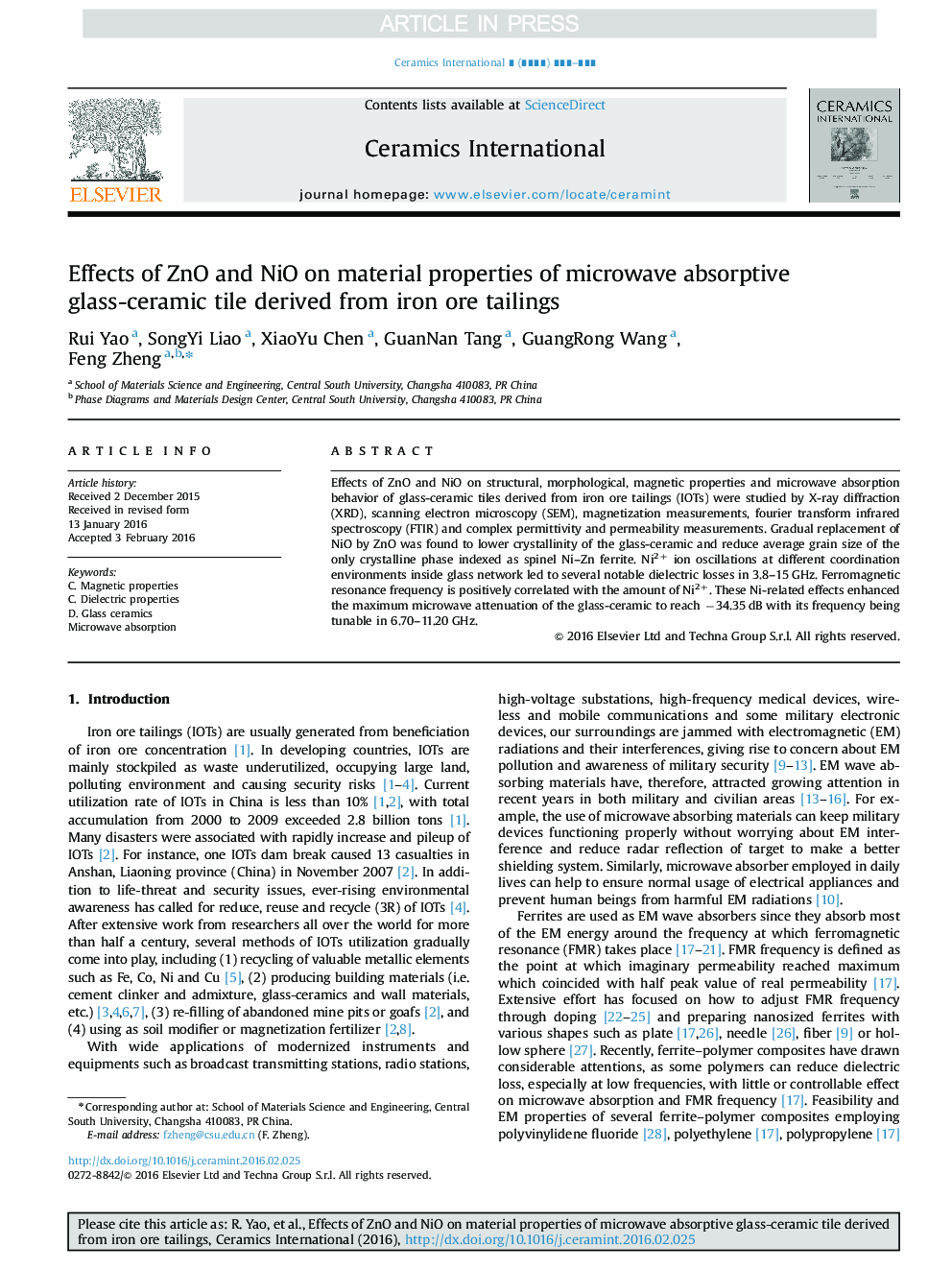 عکس صفحه اول مقاله: Effects of ZnO and NiO on material properties of microwave absorptive glass-ceramic tile derived from iron ore tailings Effects of ZnO and NiO on material properties of microwave absorptive glass-ceramic tile derived from iron ore tailings