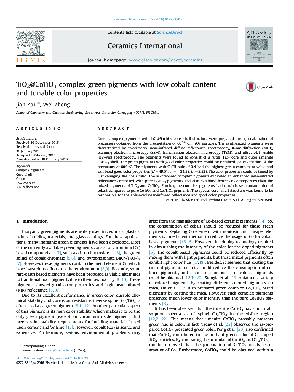 TiO2@CoTiO3 complex green pigments with low cobalt content and tunable color properties