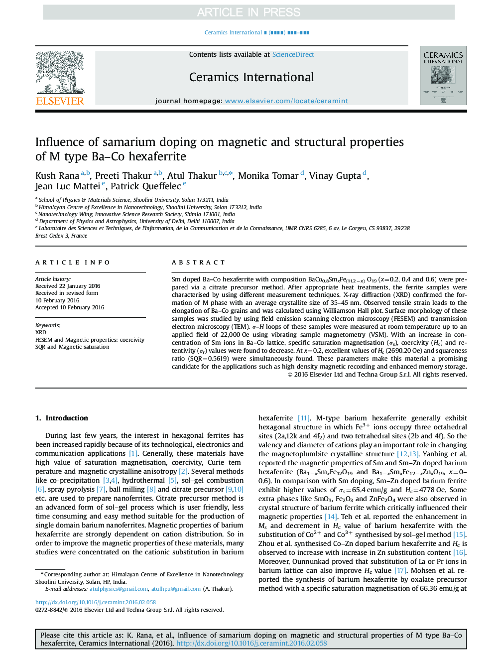 عکس صفحه اول مقاله: Influence of samarium doping on magnetic and structural properties of M type Ba-Co hexaferrite Influence of samarium doping on magnetic and structural properties of M type Ba-Co hexaferrite