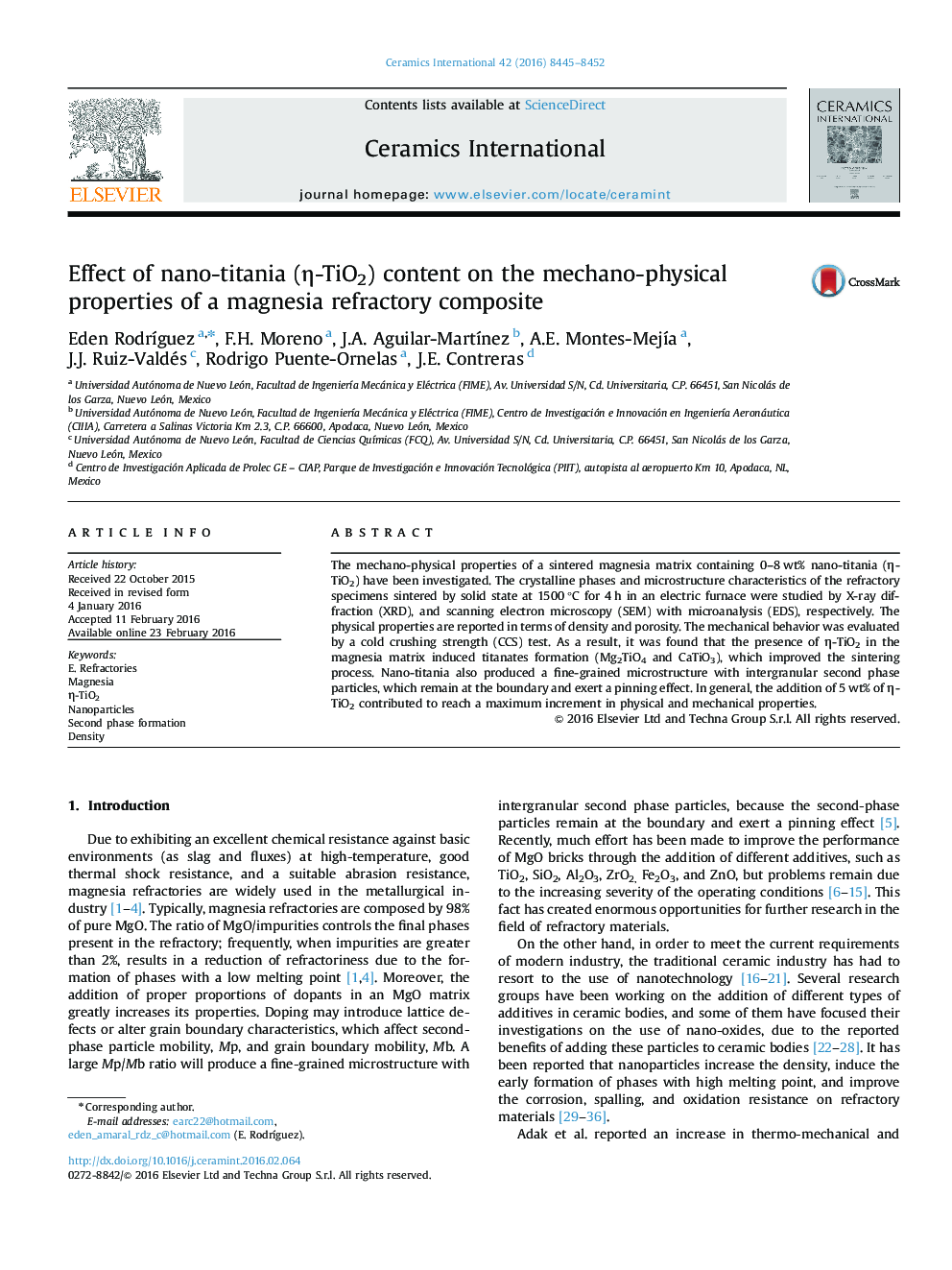 Effect of nano-titania (Î·-TiO2) content on the mechano-physical properties of a magnesia refractory composite