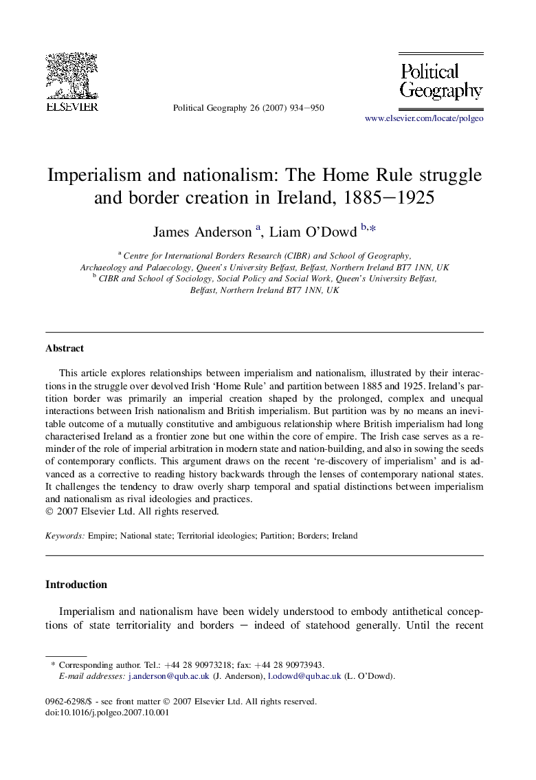 Imperialism and nationalism: The Home Rule struggle and border creation in Ireland, 1885–1925