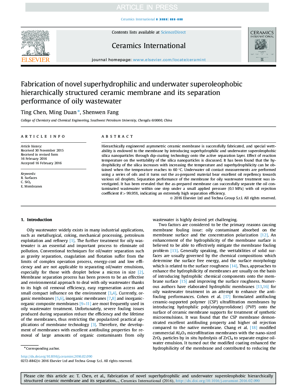 Fabrication of novel superhydrophilic and underwater superoleophobic hierarchically structured ceramic membrane and its separation performance of oily wastewater