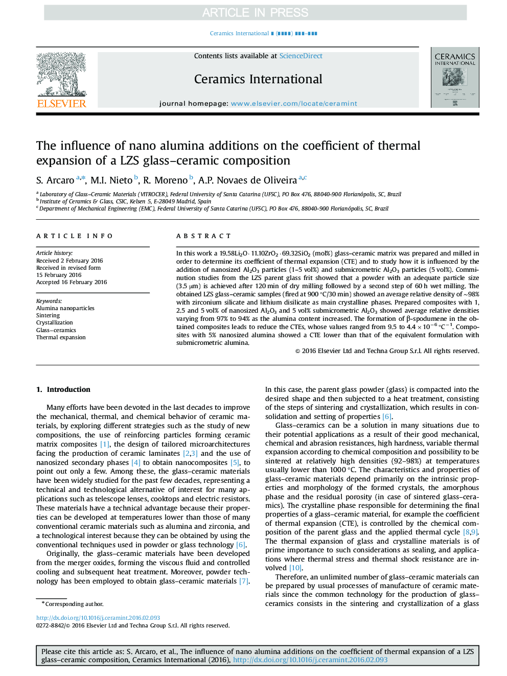 The influence of nano alumina additions on the coefficient of thermal expansion of a LZS glass-ceramic composition