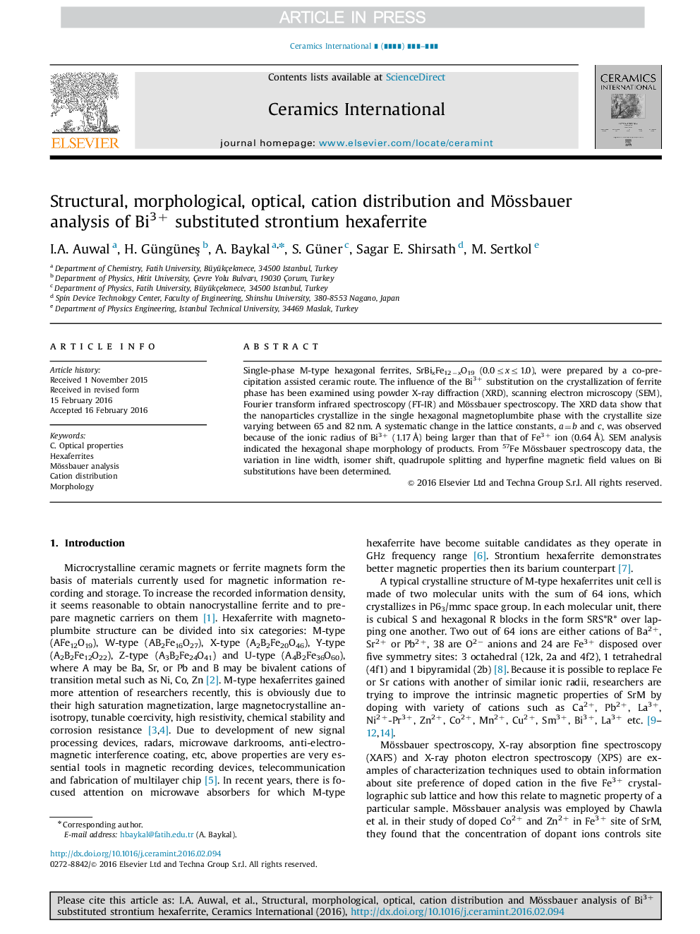 Structural, morphological, optical, cation distribution and Mössbauer analysis of Bi3+ substituted strontium hexaferrite