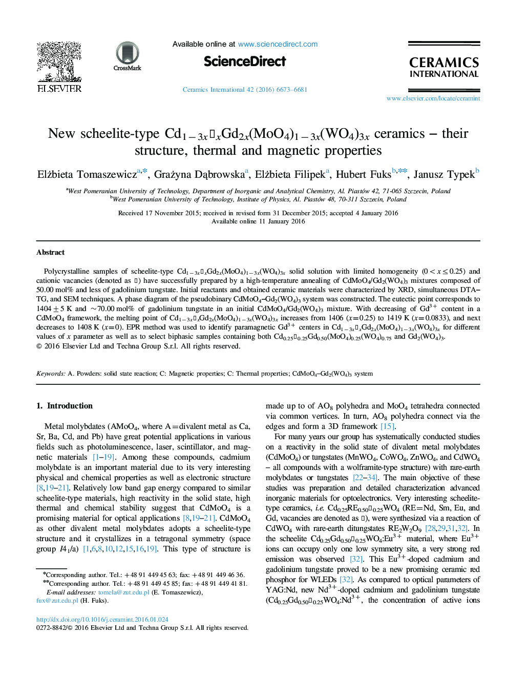 New scheelite-type Cd1â3xâ·xGd2x(MoO4)1â3x(WO4)3x ceramics - their structure, thermal and magnetic properties