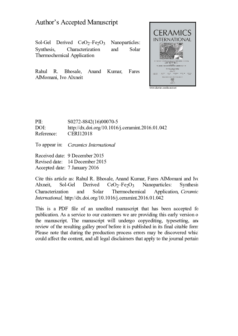 Sol-gel derived CeO2-Fe2O3 nanoparticles: Synthesis, characterization and solar thermochemical application