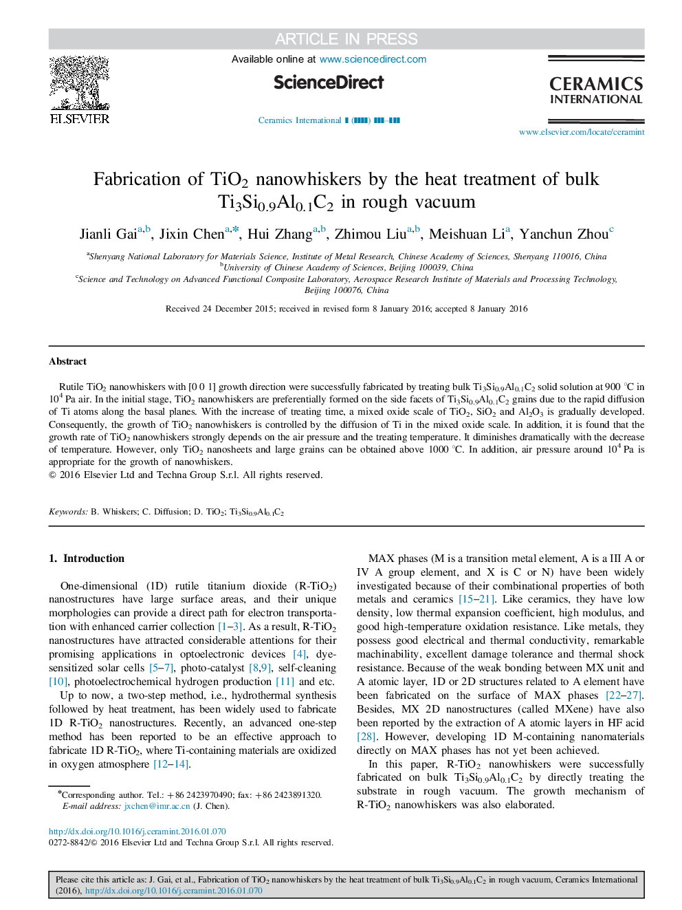 Fabrication of TiO2 nanowhiskers by the heat treatment of bulk Ti3Si0.9Al0.1C2 in rough vacuum