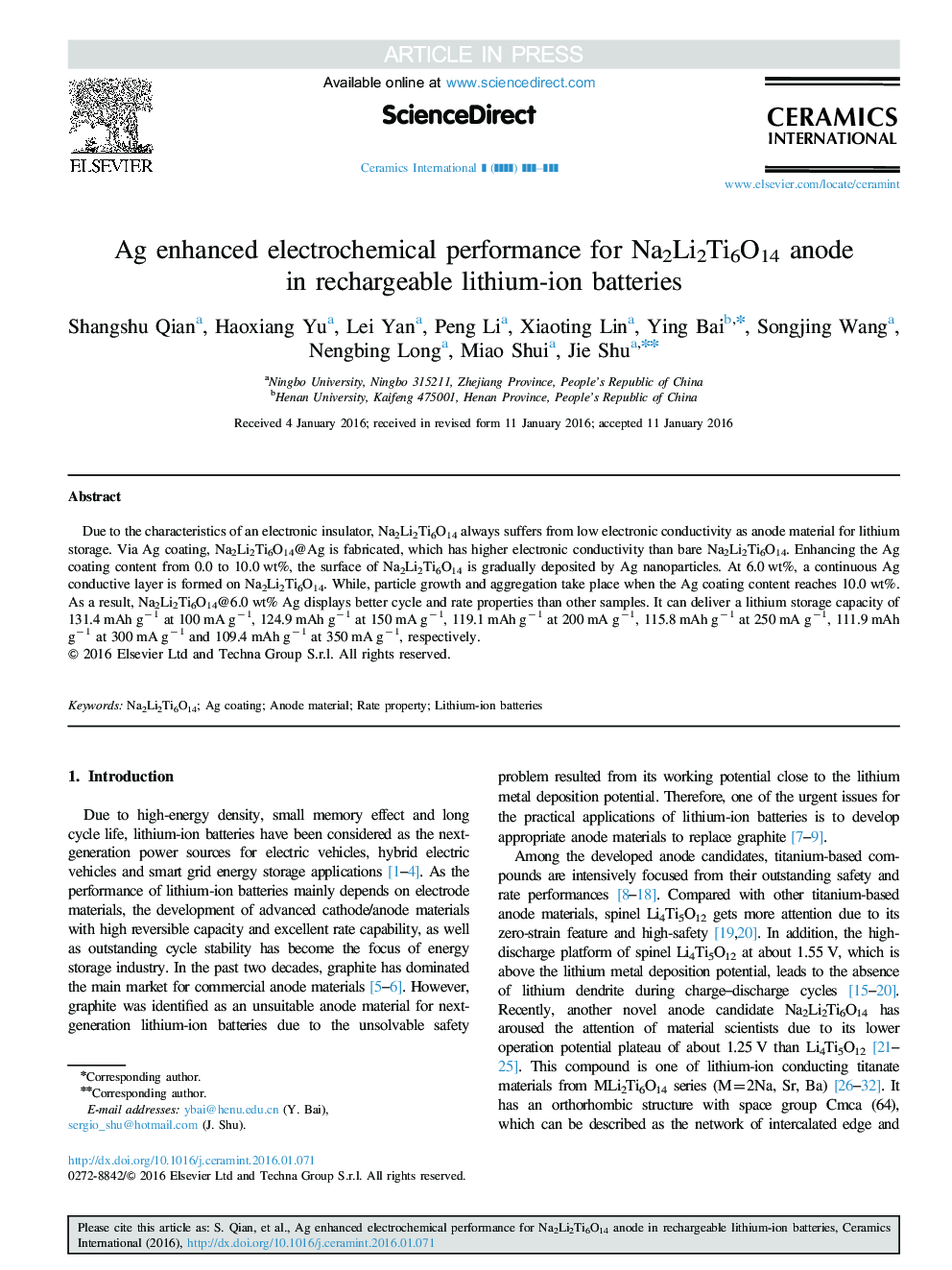 Ag enhanced electrochemical performance for Na2Li2Ti6O14 anode in rechargeable lithium-ion batteries