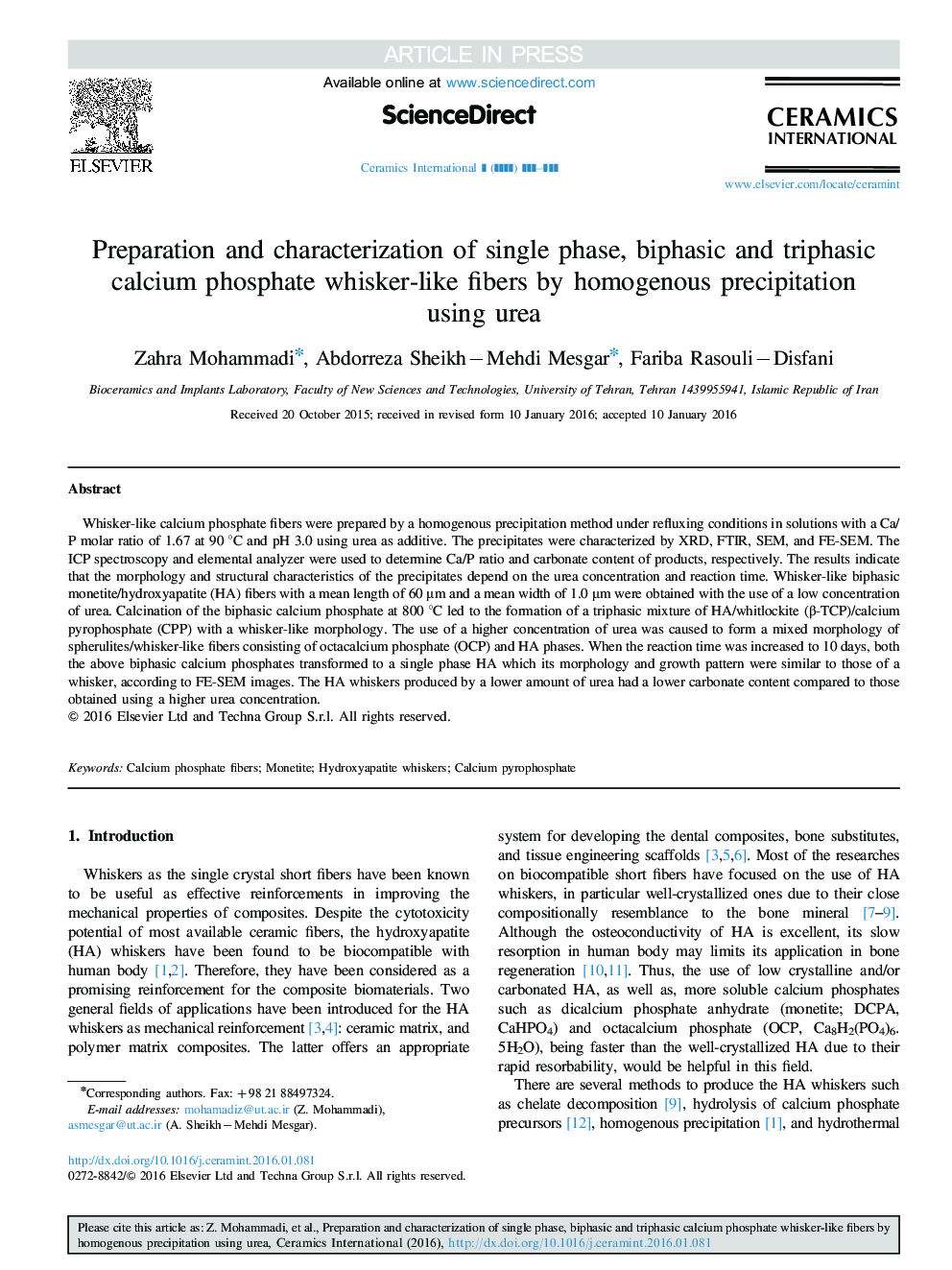 Preparation and characterization of single phase, biphasic and triphasic calcium phosphate whisker-like fibers by homogenous precipitation using urea