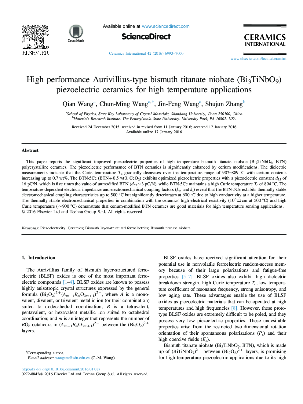 High performance Aurivillius-type bismuth titanate niobate (Bi3TiNbO9) piezoelectric ceramics for high temperature applications