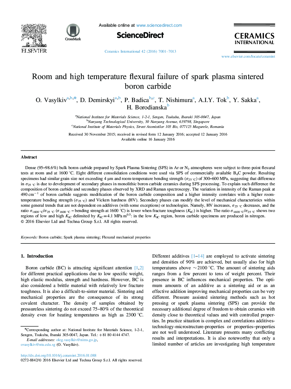 Room and high temperature flexural failure of spark plasma sintered boron carbide