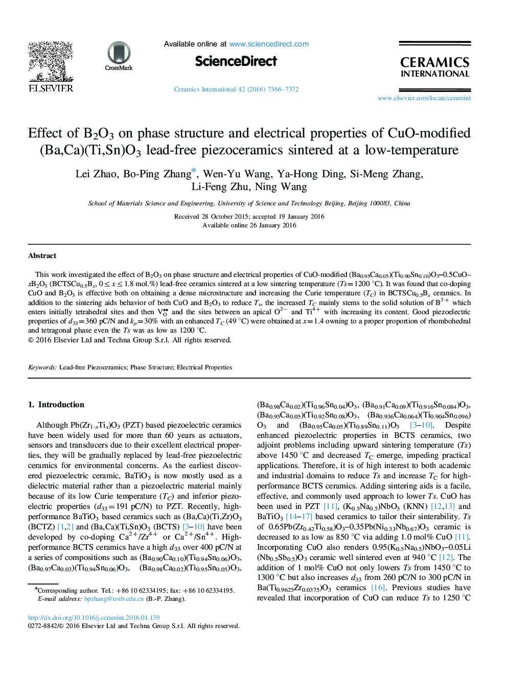 Effect of B2O3 on phase structure and electrical properties of CuO-modified (Ba,Ca)(Ti,Sn)O3 lead-free piezoceramics sintered at a low-temperature