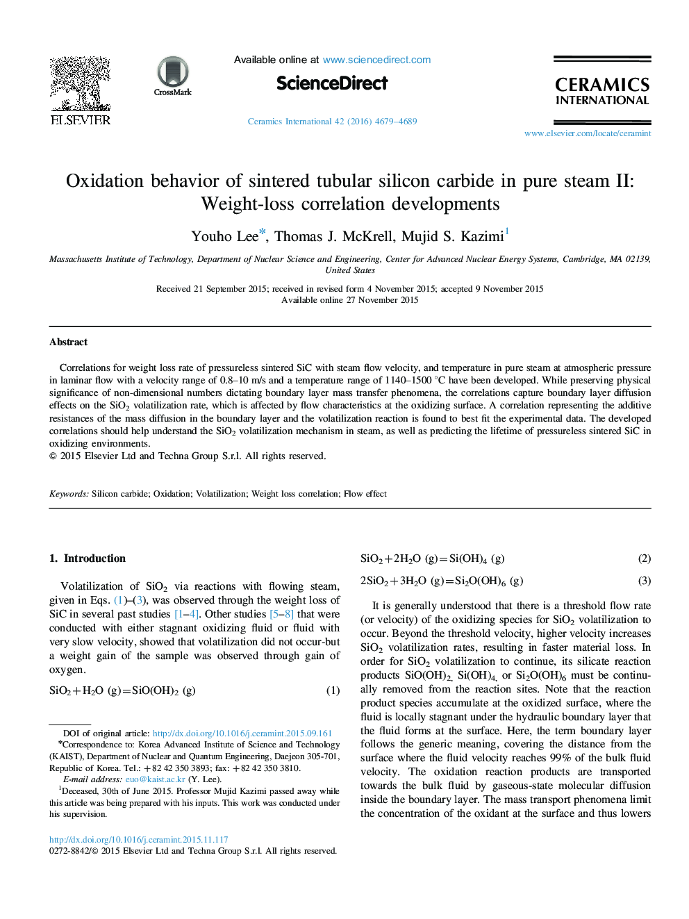 Oxidation behavior of sintered tubular silicon carbide in pure steam ÎÎ: Weight-loss correlation developments