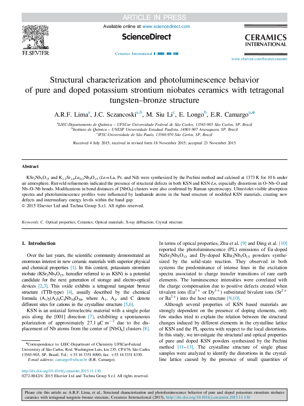 عکس صفحه اول مقاله: Structural characterization and photoluminescence behavior of pure and doped potassium strontium niobates ceramics with tetragonal tungsten-bronze structure Structural characterization and photoluminescence behavior of pure and doped potassium strontium niobates ceramics with tetragonal tungsten-bronze structure