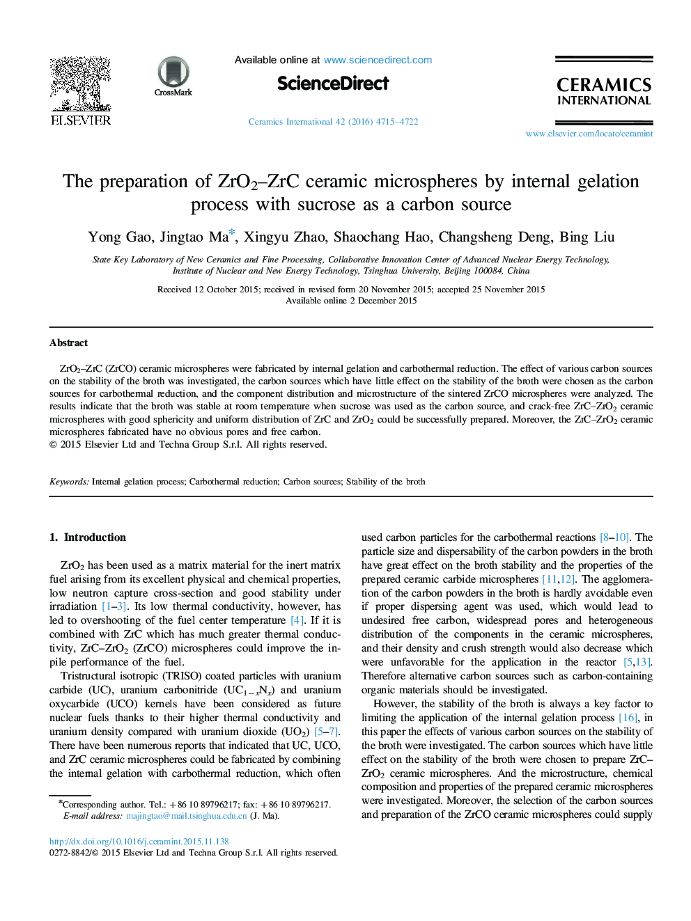 The preparation of ZrO2-ZrC ceramic microspheres by internal gelation process with sucrose as a carbon source