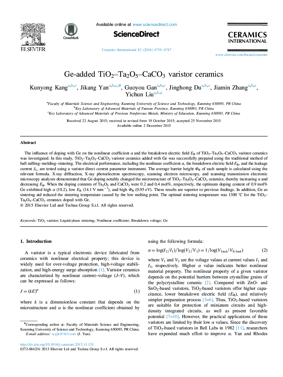 Ge-added TiO2-Ta2O5-CaCO3 varistor ceramics