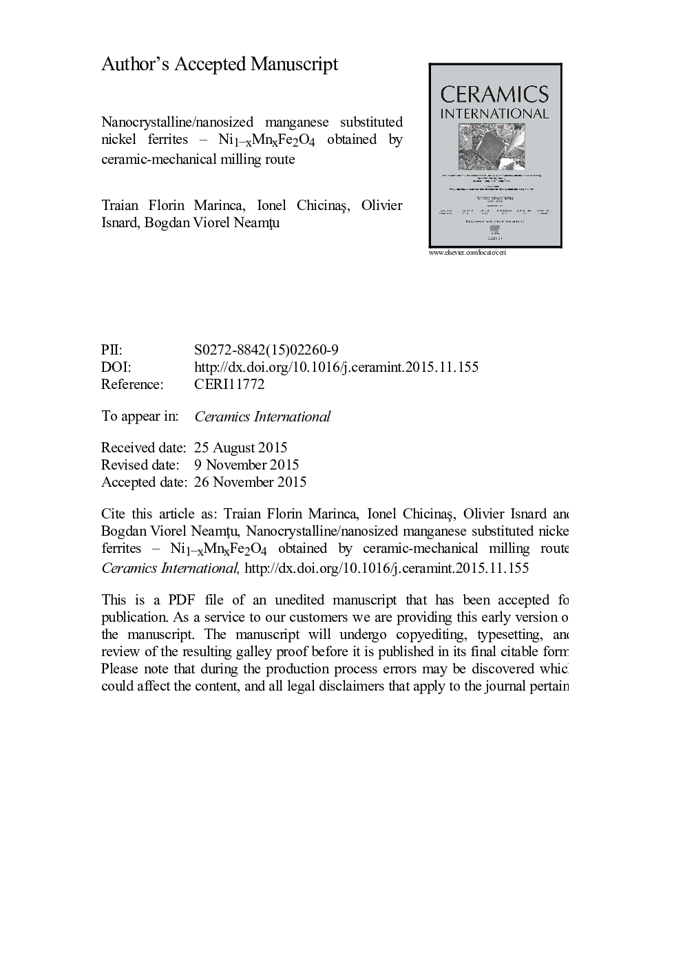 Nanocrystalline/nanosized manganese substituted nickel ferrites - Ni1âxMnxFe2O4 obtained by ceramic-mechanical milling route