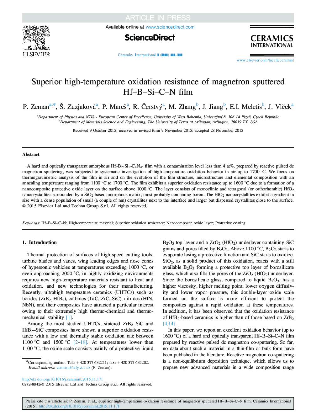 Superior high-temperature oxidation resistance of magnetron sputtered Hf-B-Si-C-N film