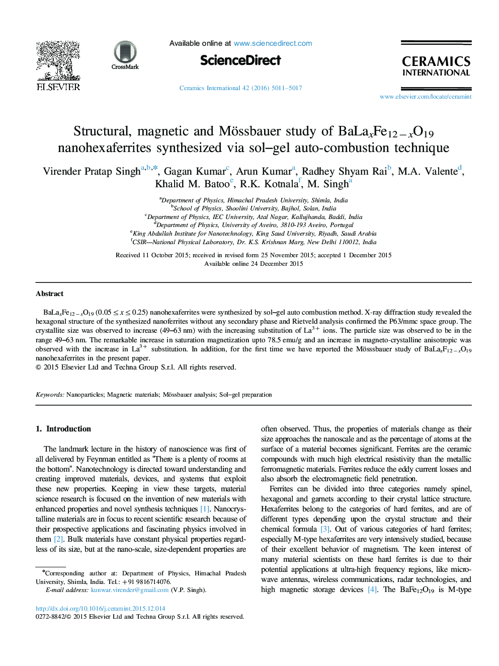 عکس صفحه اول مقاله: Structural, magnetic and Mössbauer study of BaLaxFe12âxO19 nanohexaferrites synthesized via sol-gel auto-combustion technique Structural, magnetic and Mössbauer study of BaLaxFe12âxO19 nanohexaferrites synthesized via sol-gel auto-combustion technique