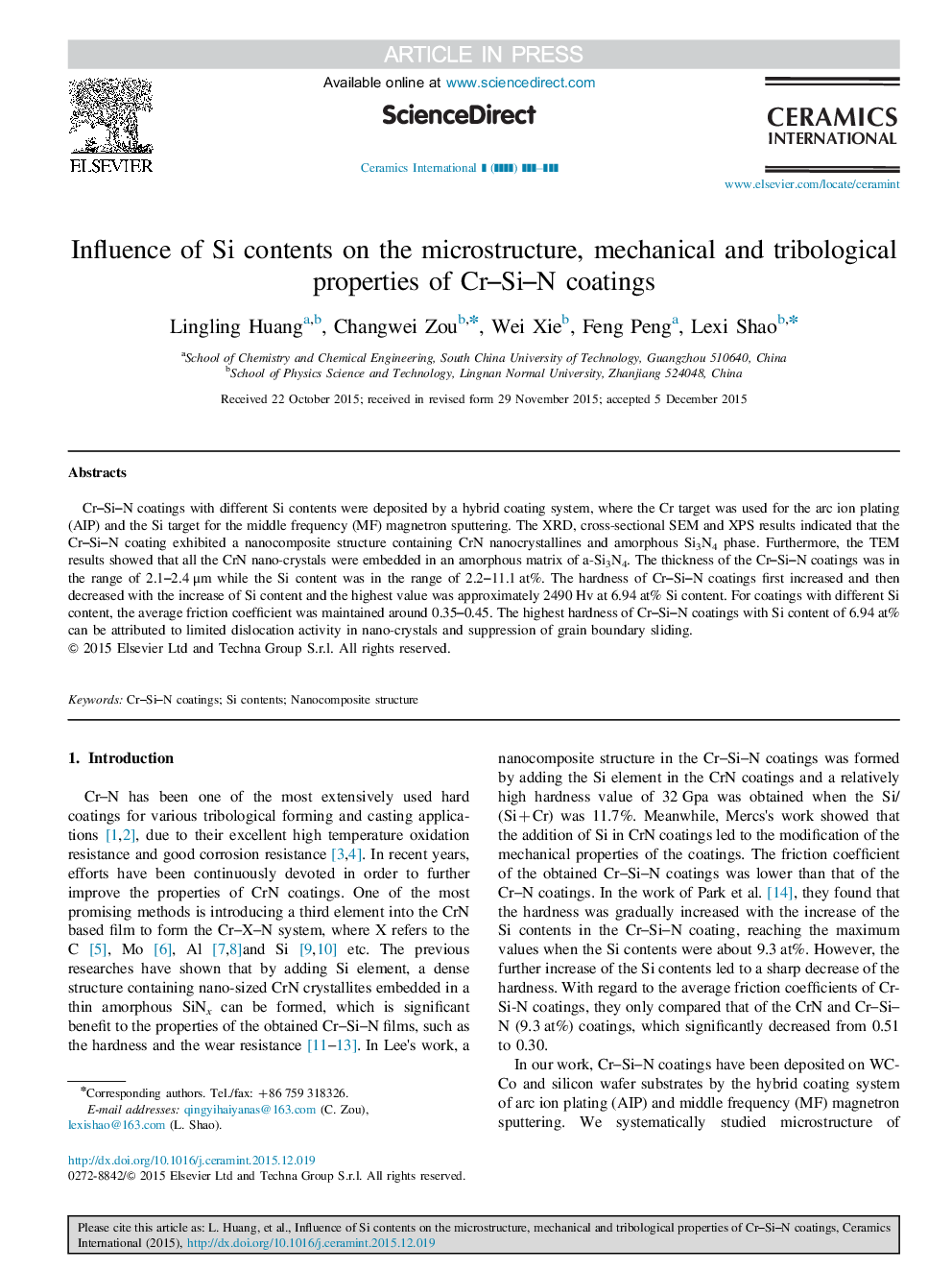 Influence of Si contents on the microstructure, mechanical and tribological properties of Cr-Si-N coatings