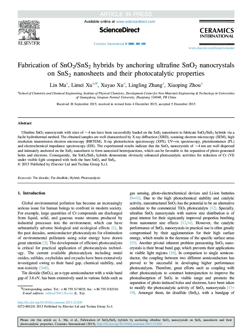 Fabrication of SnO2/SnS2 hybrids by anchoring ultrafine SnO2 nanocrystals on SnS2 nanosheets and their photocatalytic properties