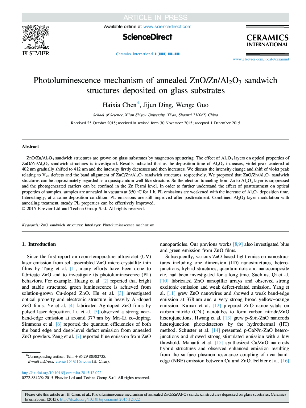 Photoluminescence mechanism of annealed ZnO/Zn/Al2O3 sandwich structures deposited on glass substrates