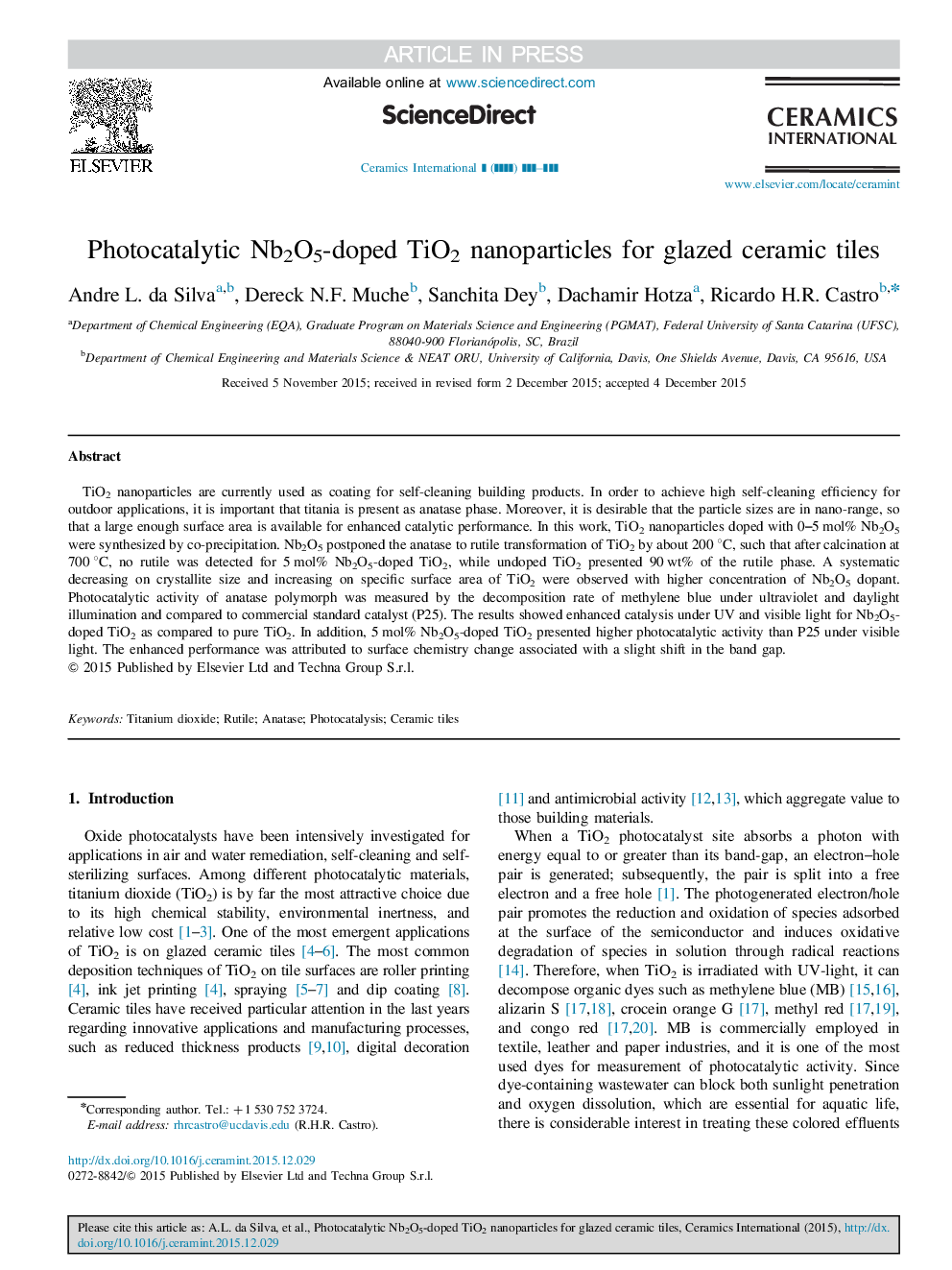 Photocatalytic Nb2O5-doped TiO2 nanoparticles for glazed ceramic tiles