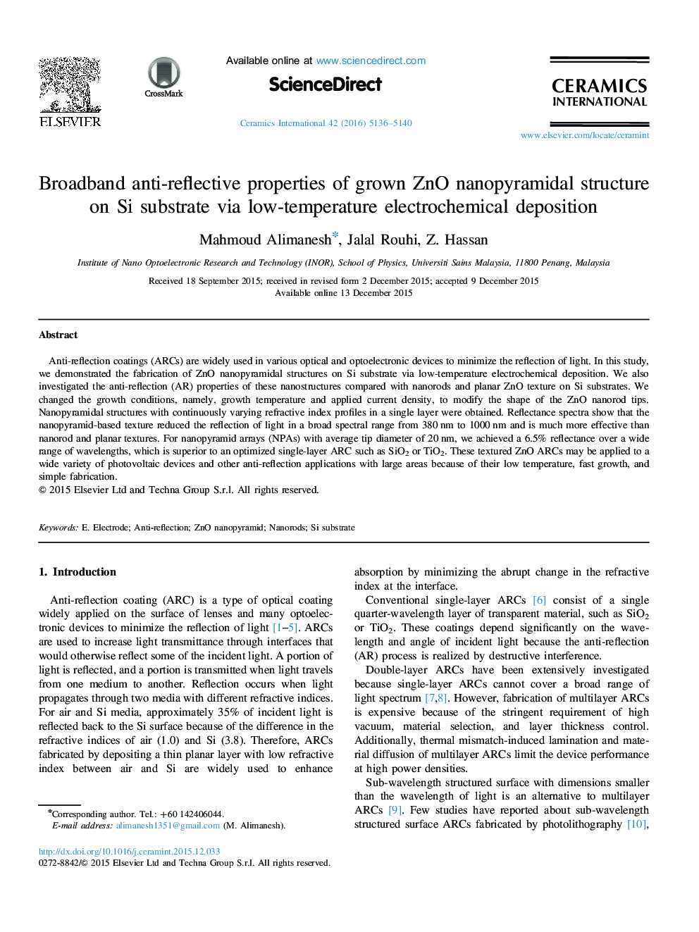 Broadband anti-reflective properties of grown ZnO nanopyramidal structure on Si substrate via low-temperature electrochemical deposition