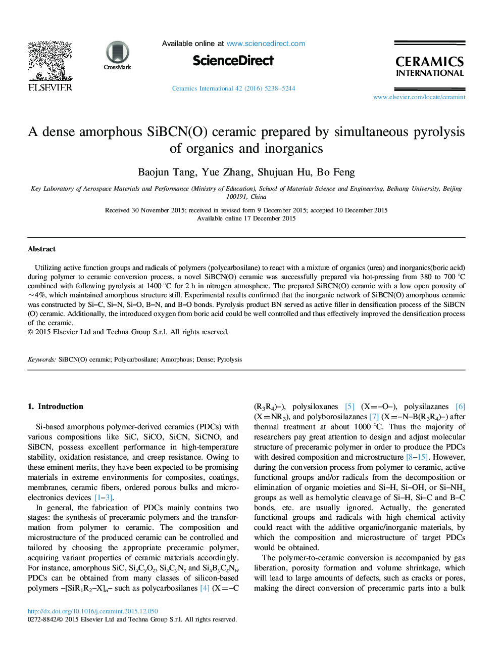 A dense amorphous SiBCN(O) ceramic prepared by simultaneous pyrolysis of organics and inorganics