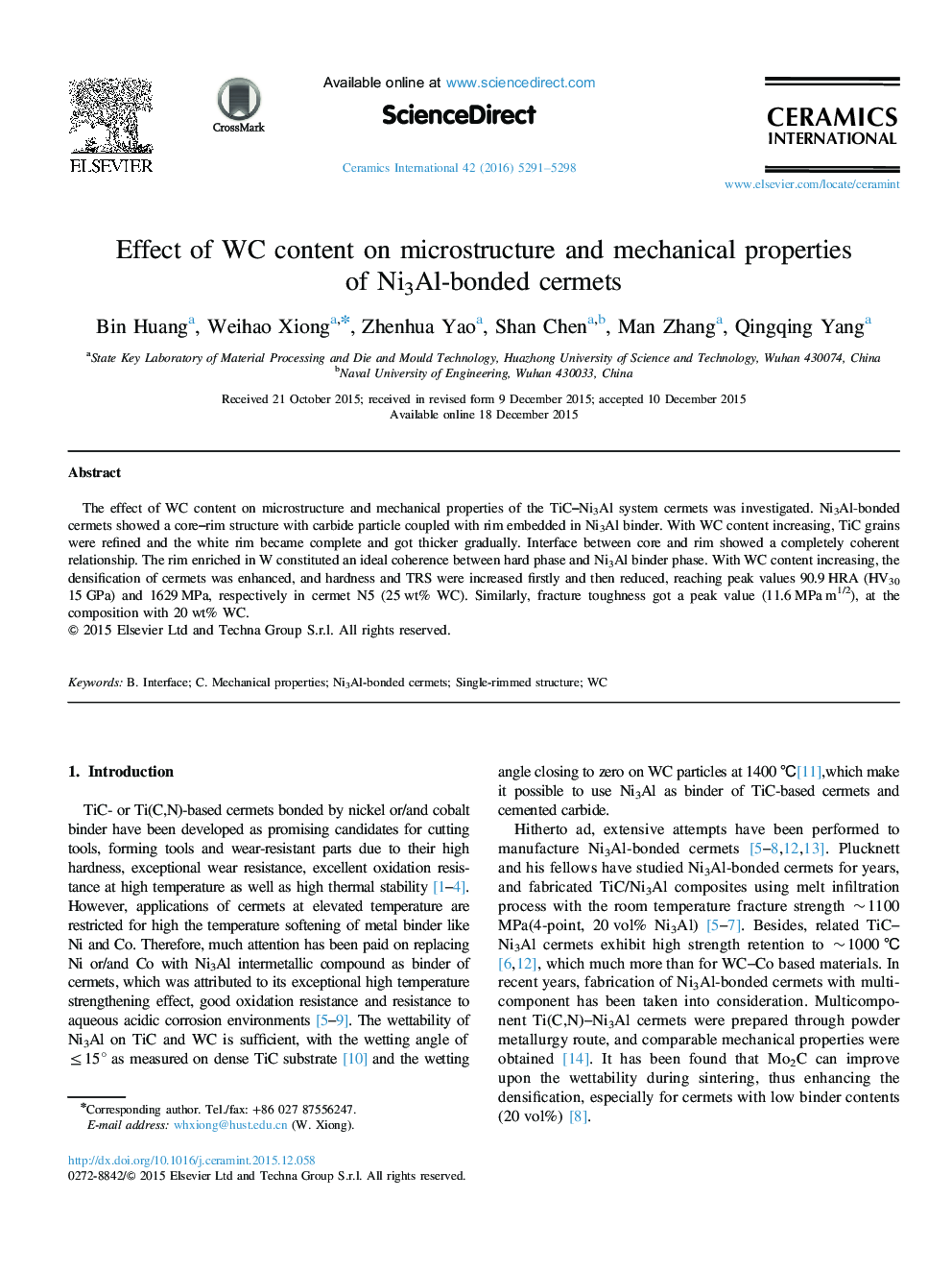 Effect of WC content on microstructure and mechanical properties of Ni3Al-bonded cermets