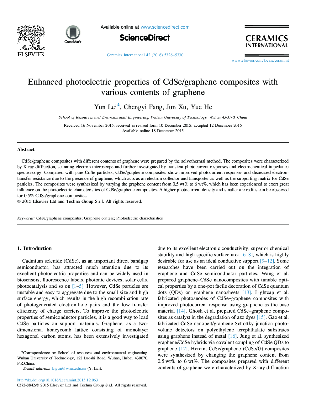 Enhanced photoelectric properties of CdSe/graphene composites with various contents of graphene
