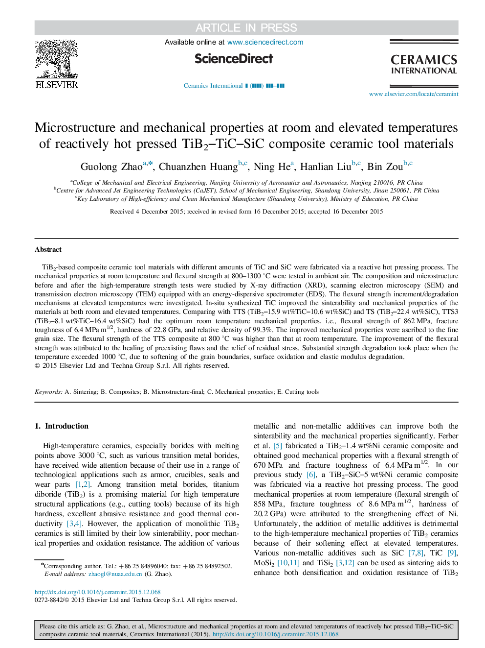 Microstructure and mechanical properties at room and elevated temperatures of reactively hot pressed TiB2-TiC-SiC composite ceramic tool materials