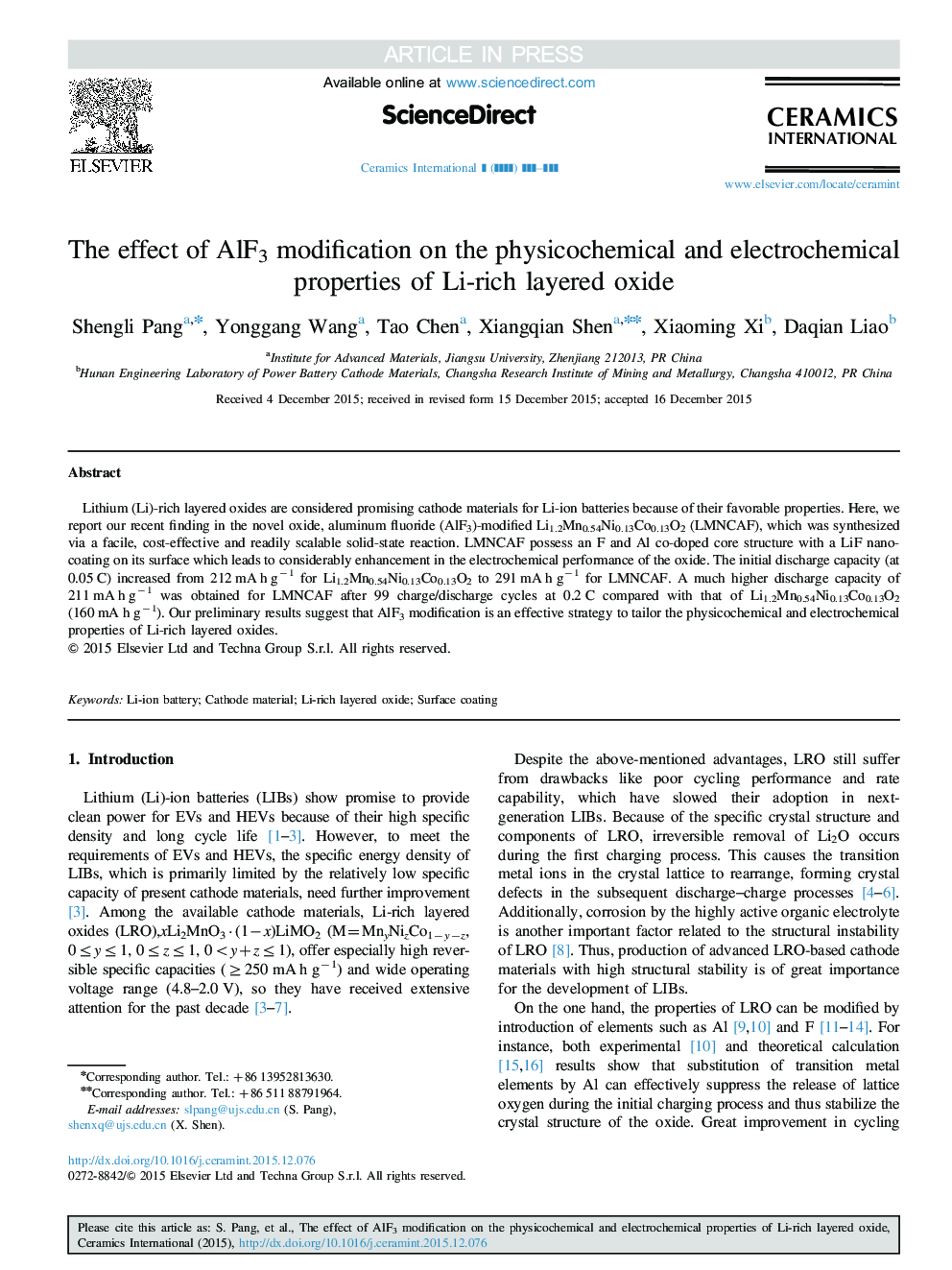 The effect of AlF3 modification on the physicochemical and electrochemical properties of Li-rich layered oxide