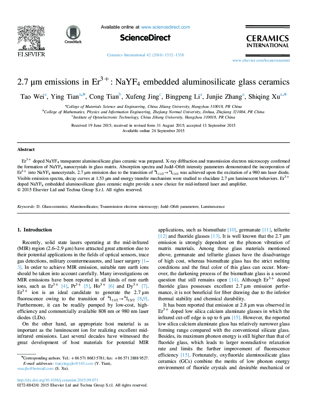 2.7Â Î¼m emissions in Er3+: NaYF4 embedded aluminosilicate glass ceramics